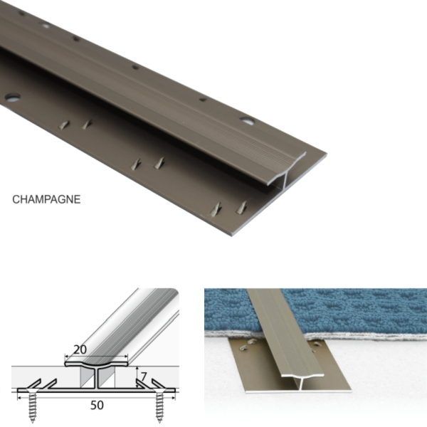 Twin Grip 20mm Wide Aluminum Carpet Profile with 18um Thick Coating 