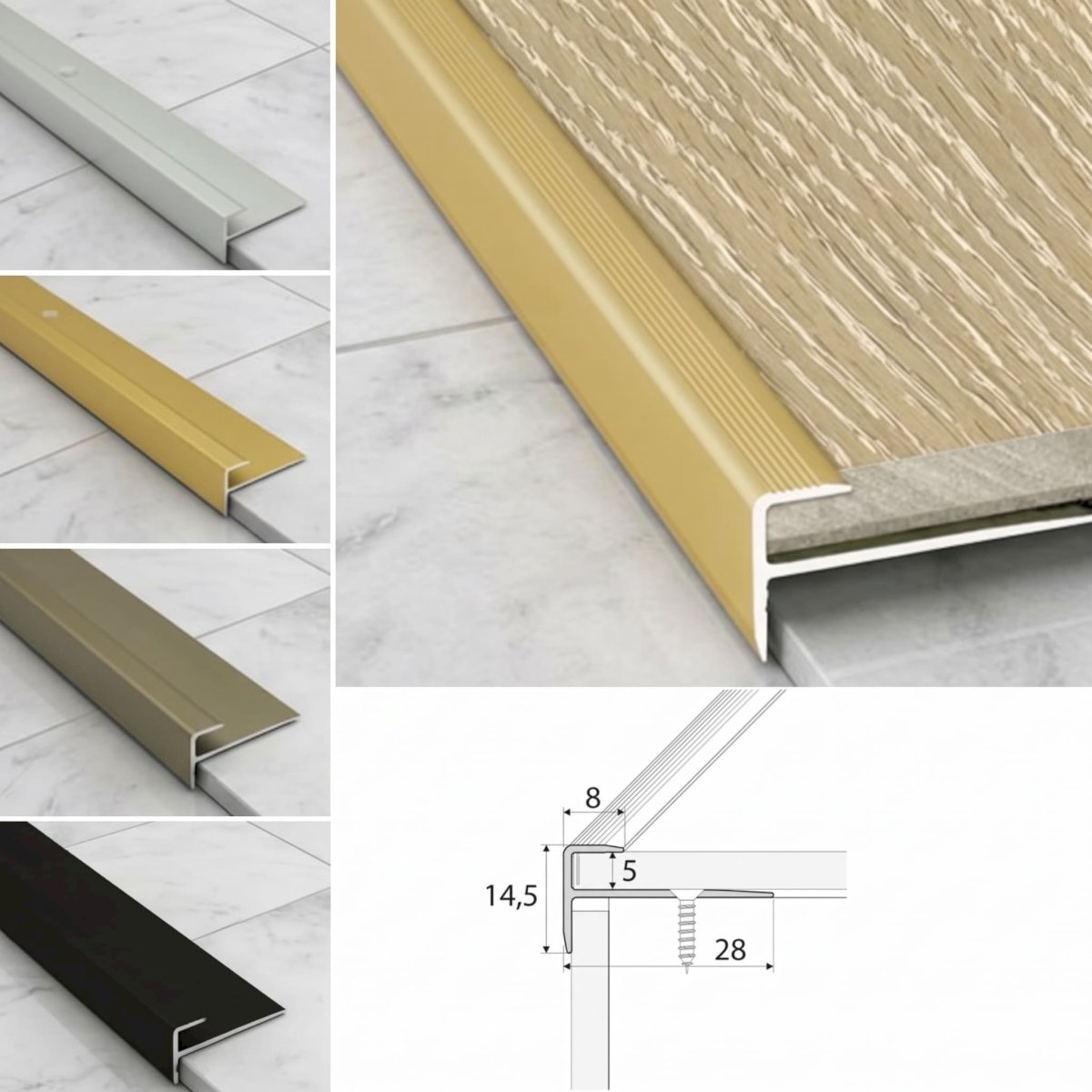 28mm x 14.5mm Aluminium Stairs Nosing For Luxury Click Vinyl For 5mm Flooring Non Slip