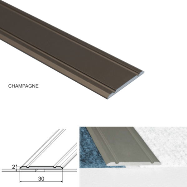30mm Wide Aluminium Flat Threshold for Wooden, Laminate, and Carpet Vinyl Flooring with Screw Fix