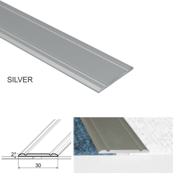30mm Wide Aluminium Flat Threshold for Wooden, Laminate, and Carpet Vinyl Flooring with Screw Fix