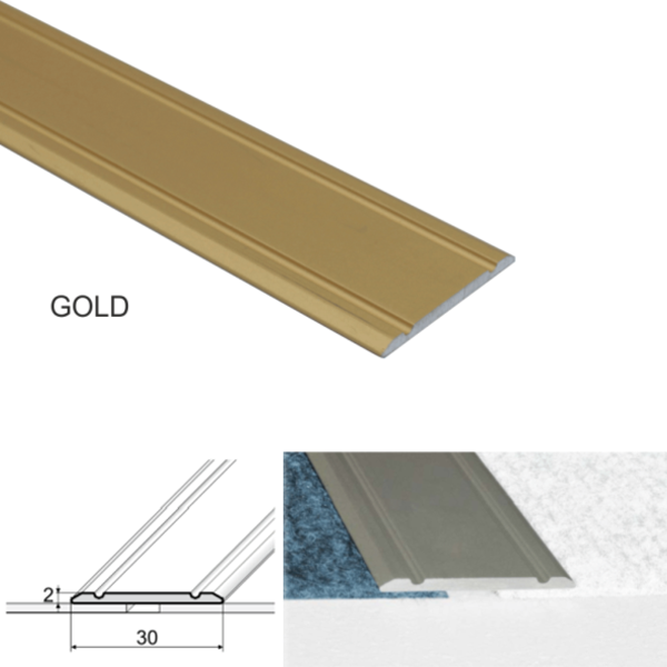 30mm Wide Aluminium Flat Threshold for Wooden, Laminate, and Carpet Vinyl Flooring with Screw Fix