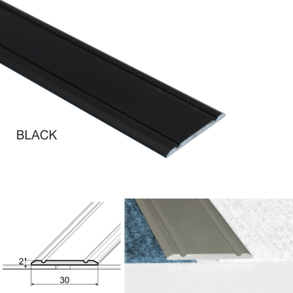 30mm Wide Aluminium Flat Threshold for Wooden, Laminate, and Carpet Vinyl Flooring with Screw Fix