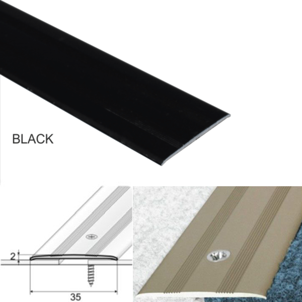 35mm Aluminium Flat Threshold with Screw Fix for Wood, Laminate, and Carpet Vinyl Flooring