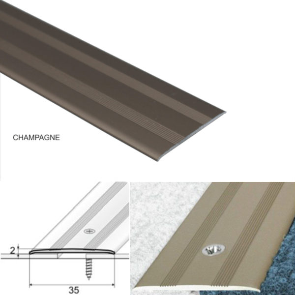 35mm Aluminium Flat Threshold with Screw Fix for Wood, Laminate, and Carpet Vinyl Flooring