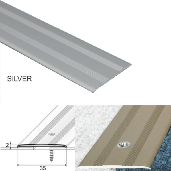 35mm Aluminium Flat Threshold with Screw Fix for Wood, Laminate, and Carpet Vinyl Flooring