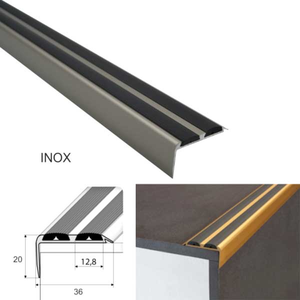 36mm x 20mm Aluminium Stair Nosing Edge Trim With Rubber Inserts