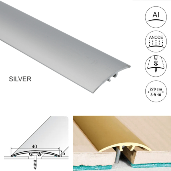 40mm Wide Aluminium Threshold for Wood, Laminate, Carpet, Vinyl, and Tile Floor Transitions