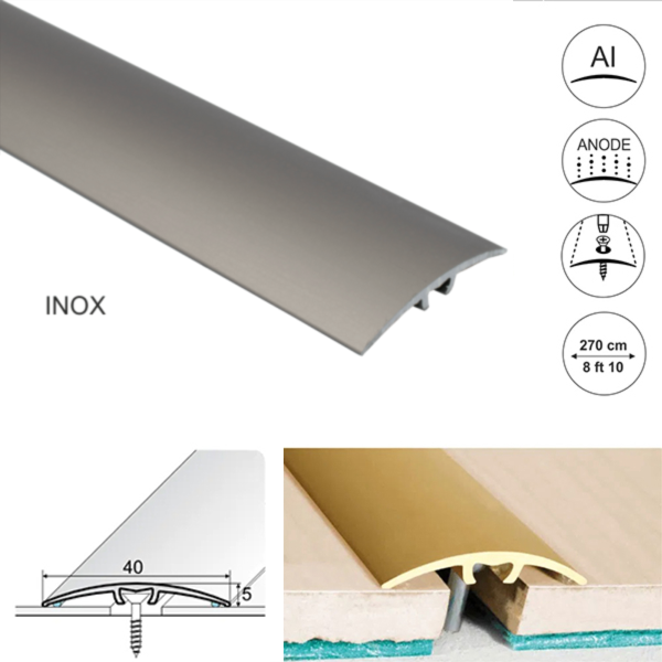 40mm Wide Aluminium Threshold for Wood, Laminate, Carpet, Vinyl, and Tile Floor Transitions