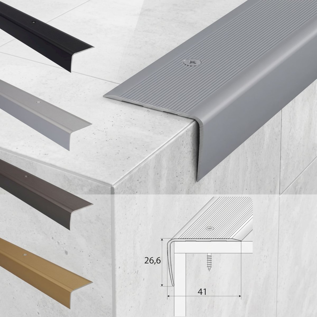 41mm x 26.6mm Non Slip Aluminium Ribbed Stair Nosing for Stair Treads Protection