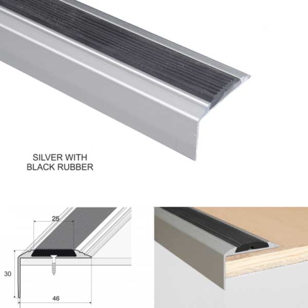 46mm x 30mm Aluminium Stair Nosing Edge Trim With Anti-Slip Rubber Insert