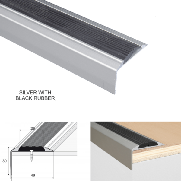 46mm x 30mm Aluminium Stair Nosing Edge Trim With Anti-Slip Rubber Insert