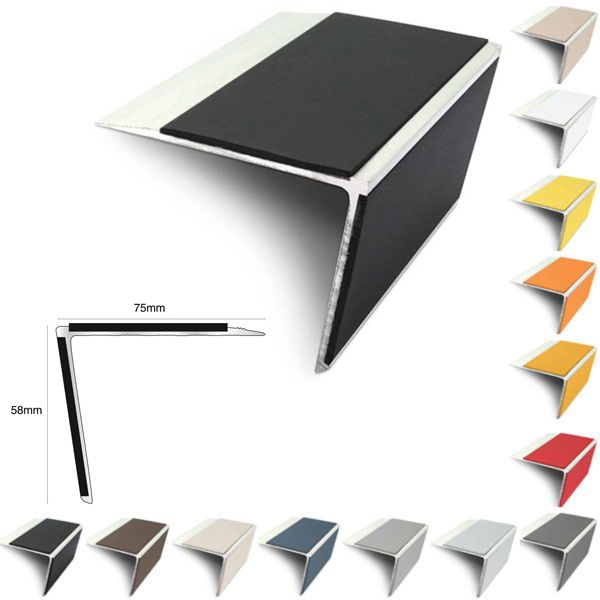 75mm x 58mm Aluminium Rakeback Stair Nosing Edge Trim With PVC Insert