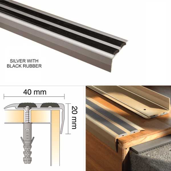 Aluminium Anti Slip Screw Fix Stair Edge Nosing Trim For Wooden, Laminate, Carpet, Vinyl or Tiled stairs 