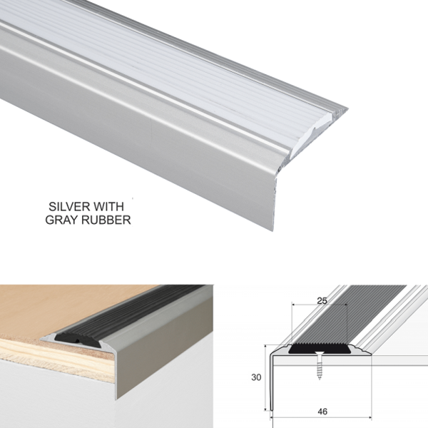 Non Slip Rubber Insert Anodised Aluminium Stairs Nosing For Tread Edges