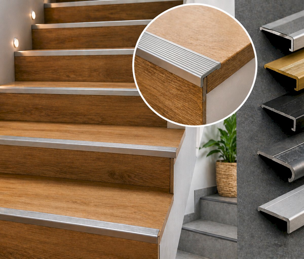Anti-slip stair nosing installed on wooden stairs